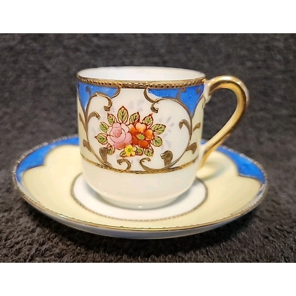 Occupied Japan Rose Demitasse Tea Cup & Saucer Ardalt Gold Beaded Accents Blue